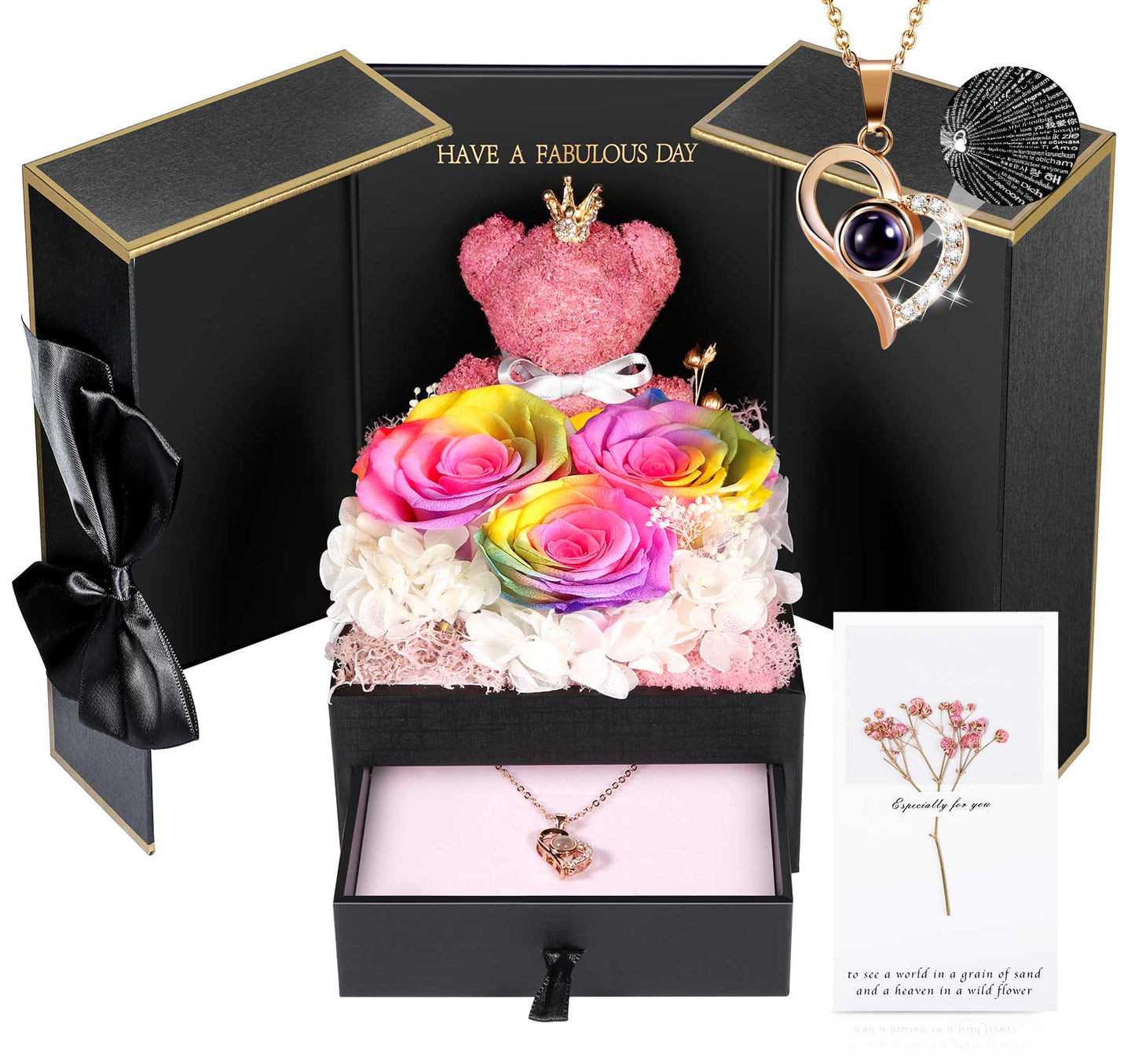 ADDWel Preserved Flower Gift Box with Rose Gold Necklace - 'I Love You' 100 Languages Bead Necklace