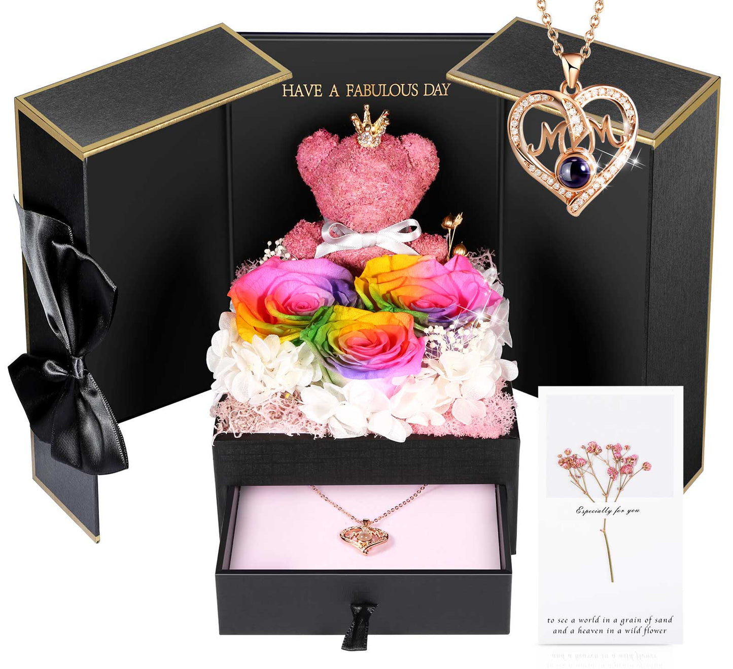 ADDWel Red Preserved Flower Gift Box with ‘Mom’ Necklace & 100 Languages I Love You Stone - Perfect Gift for Mother’s Day & Birthdays