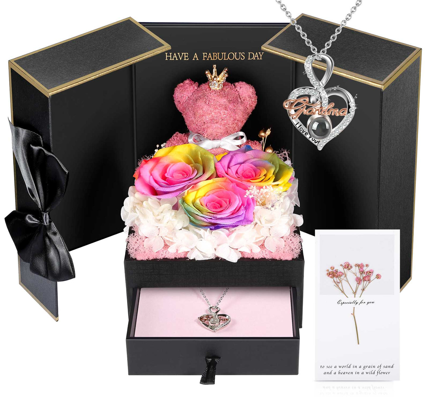 ADDWel Preserved Rose Gift Box with 'Grandma' Sterling Silver Necklace & Bear - 100 Languages 'I Love You' Stone– Perfect for Mother's Day, Birthday Gifts