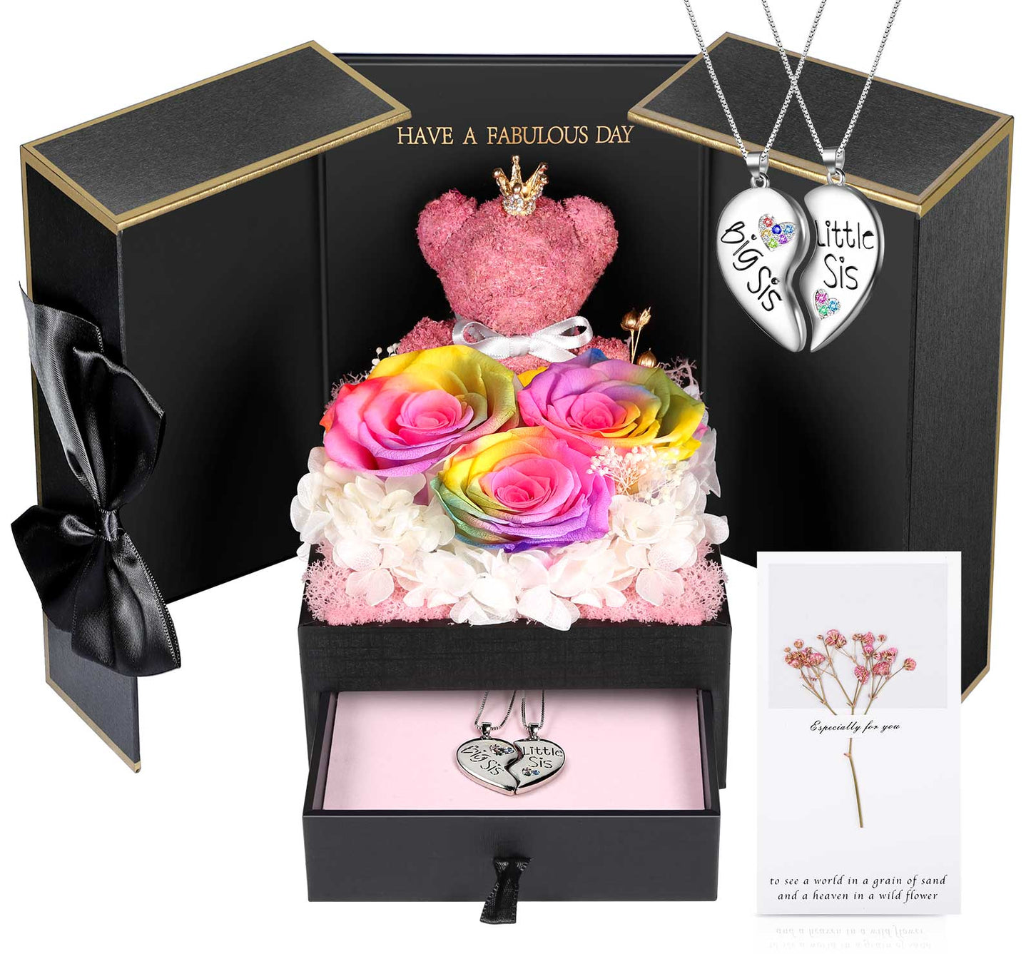 ADDWel Unique Sisters Gifts from Sister, Meaningful Preseved Roses and Cute Moss Bear with White Gold-Plated Brass Necklaces, Birthday Present for Big or Little Sis