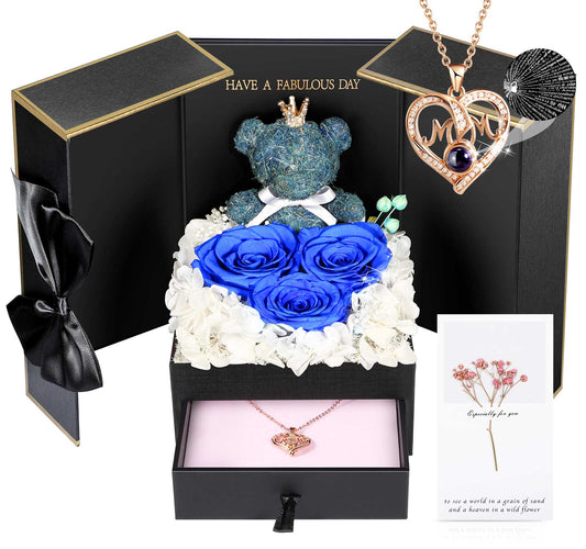 ADDWel Blue Preserved Flower Gift Box with ‘Mom’ Necklace & 100 Languages I Love You Stone - Eternal Roses for Mother’s Day & Special Occasions