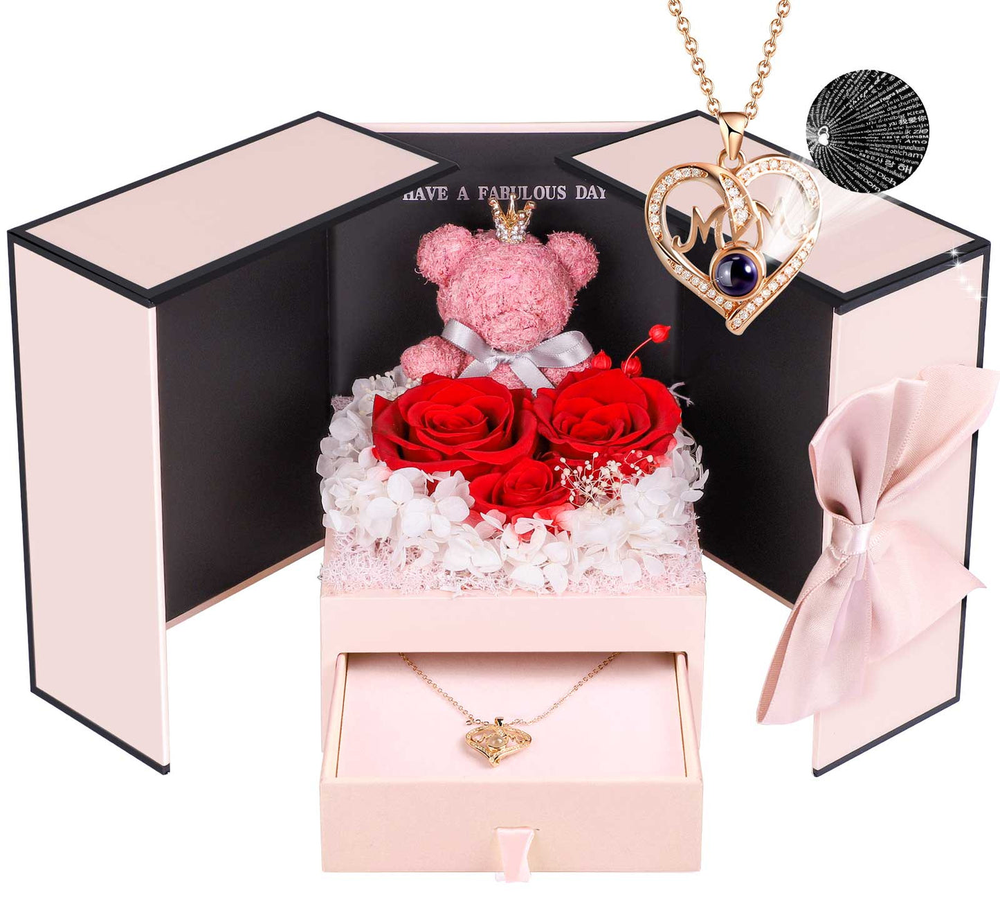 ADDWel Red Preserved Flower Gift Box with ‘Mom’ Necklace & 100 Languages I Love You Stone - Perfect Gift for Mother’s Day & Birthdays