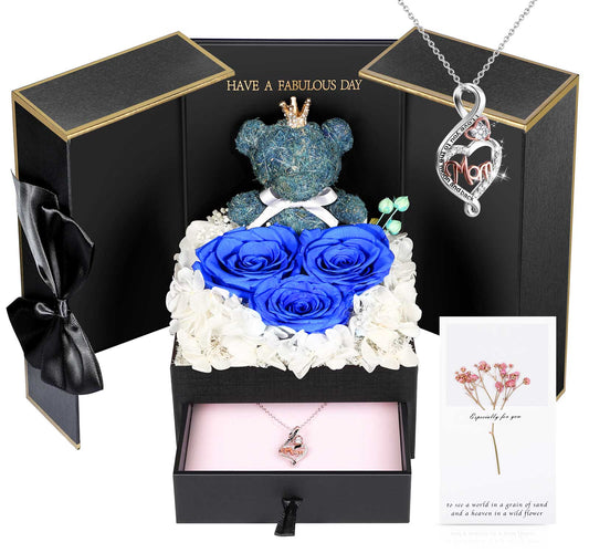 ADDWel Blue Preserved Flower Gift Box with Heart-Shaped ‘Mom’ Silver Necklace & Bear