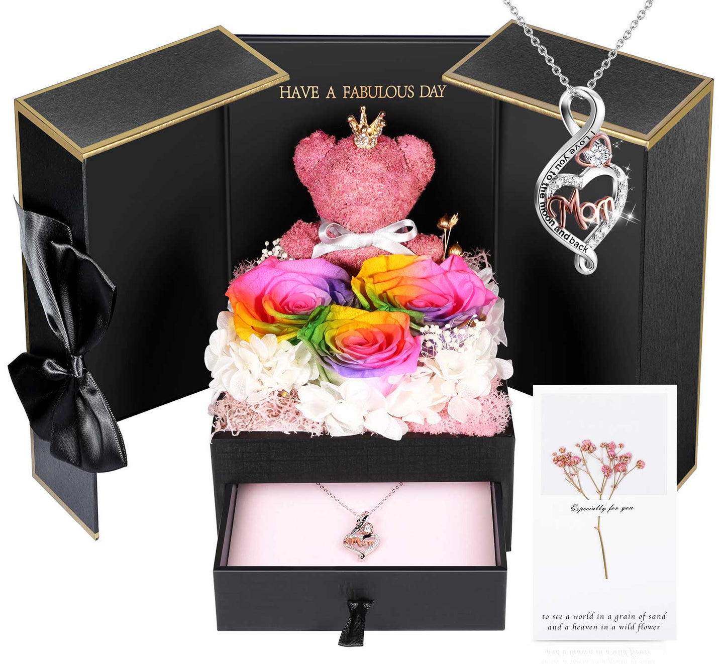 ADDWel Multicolored Preserved Flower Gift Box with Heart-Shaped ‘Mom’ Silver Necklace & Adorable Bear - Top-Ranked Mother’s Day Gift