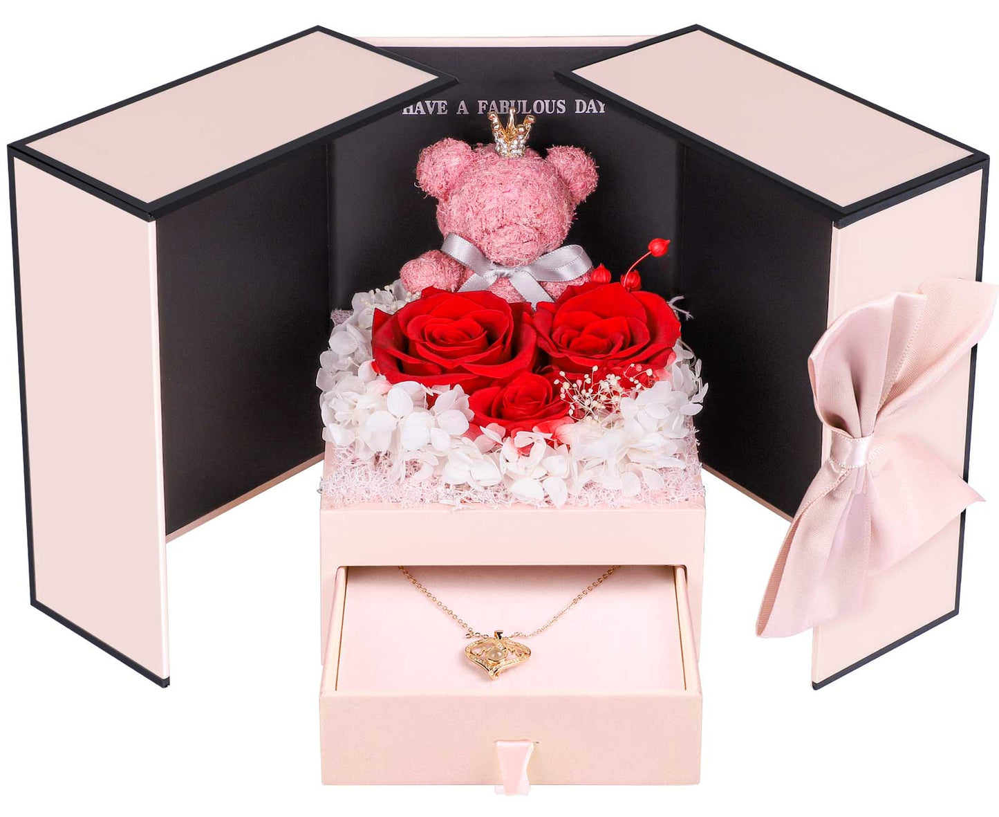 ADDWel Red Preserved Flower Gift Box with ‘Mom’ Necklace & 100 Languages I Love You Stone - Perfect Gift for Mother’s Day & Birthdays