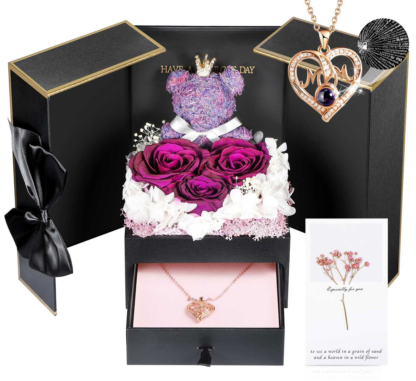 ADDWel Purple Preserved Flower Gift Box with ‘Mom’ Necklace & 100 Languages I Love You Stone - Unique Eternal Roses for Mom