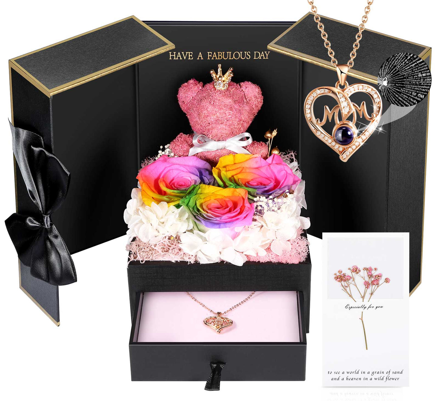 ADDWel Multicolored Preserved Flower Gift Box with ‘Mom’ Necklace & 100 Languages I Love You Stone - Luxurious Gift for Mother’s Day & Anniversaries