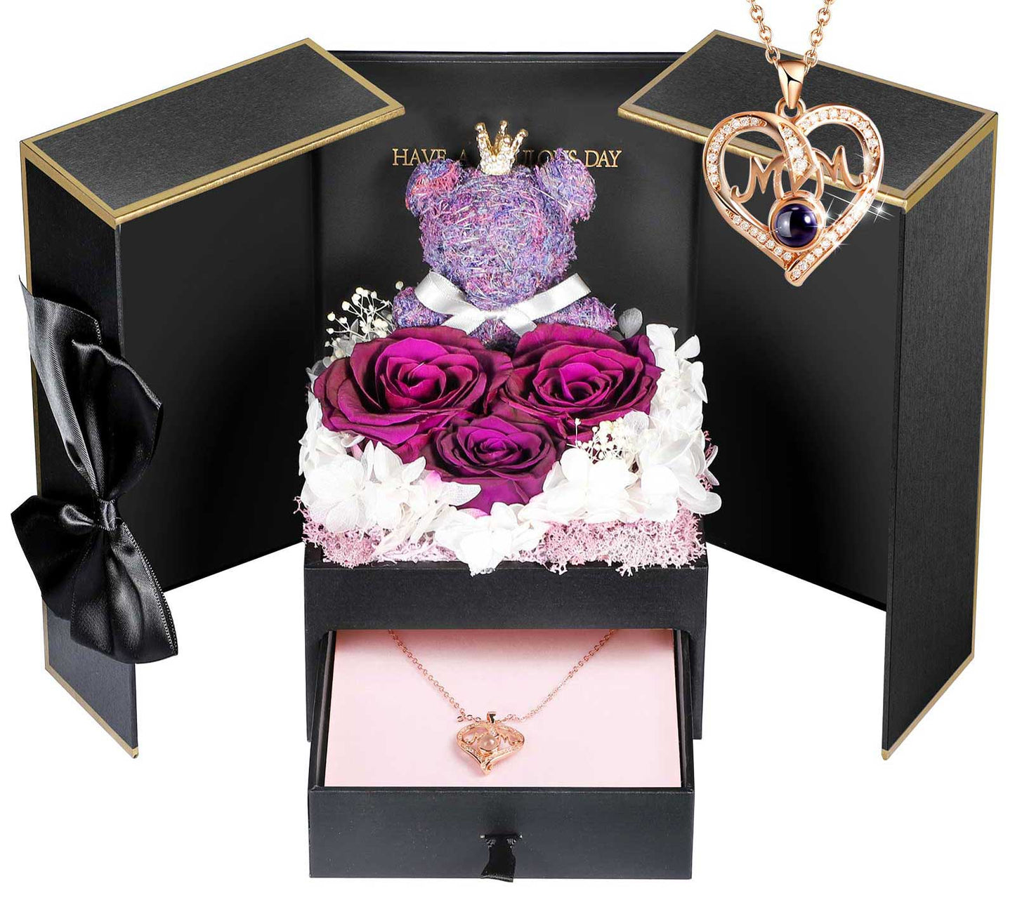 ADDWel Purple Preserved Flower Gift Box with ‘Mom’ Necklace & 100 Languages I Love You Stone - Unique Eternal Roses for Mom