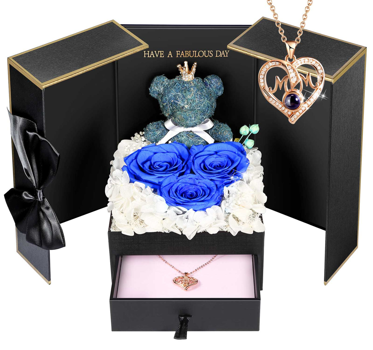 ADDWel Blue Preserved Flower Gift Box with ‘Mom’ Necklace & 100 Languages I Love You Stone - Eternal Roses for Mother’s Day & Special Occasions