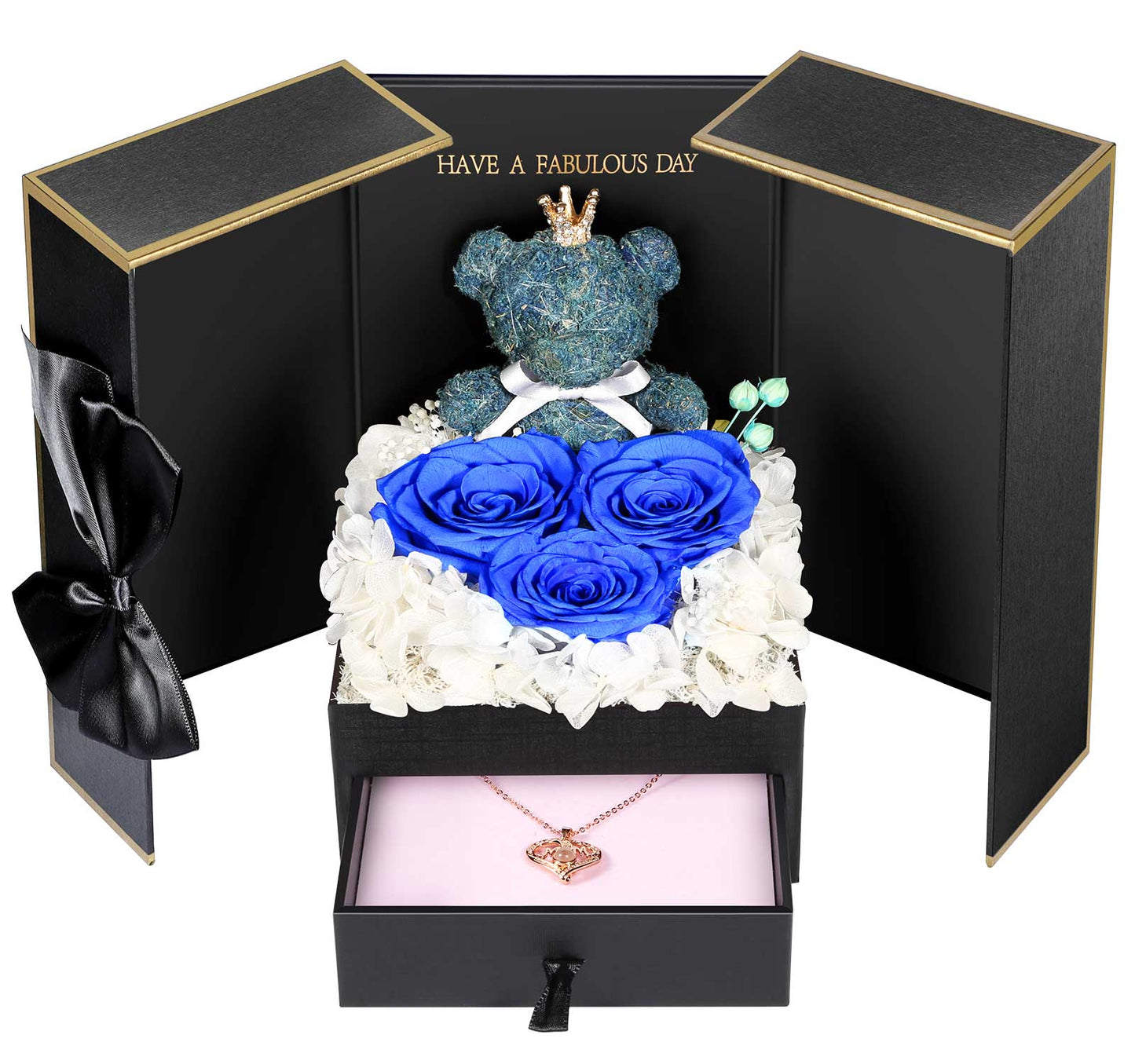 ADDWel Blue Preserved Flower Gift Box with ‘Mom’ Necklace & 100 Languages I Love You Stone - Eternal Roses for Mother’s Day & Special Occasions