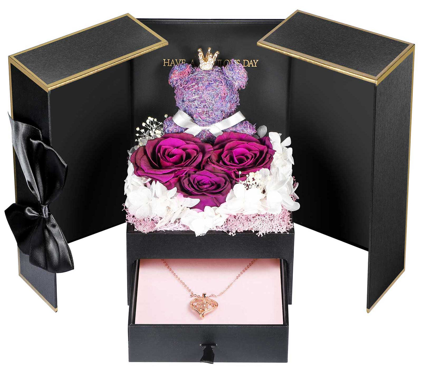 ADDWel Purple Preserved Flower Gift Box with ‘Mom’ Necklace & 100 Languages I Love You Stone - Unique Eternal Roses for Mom