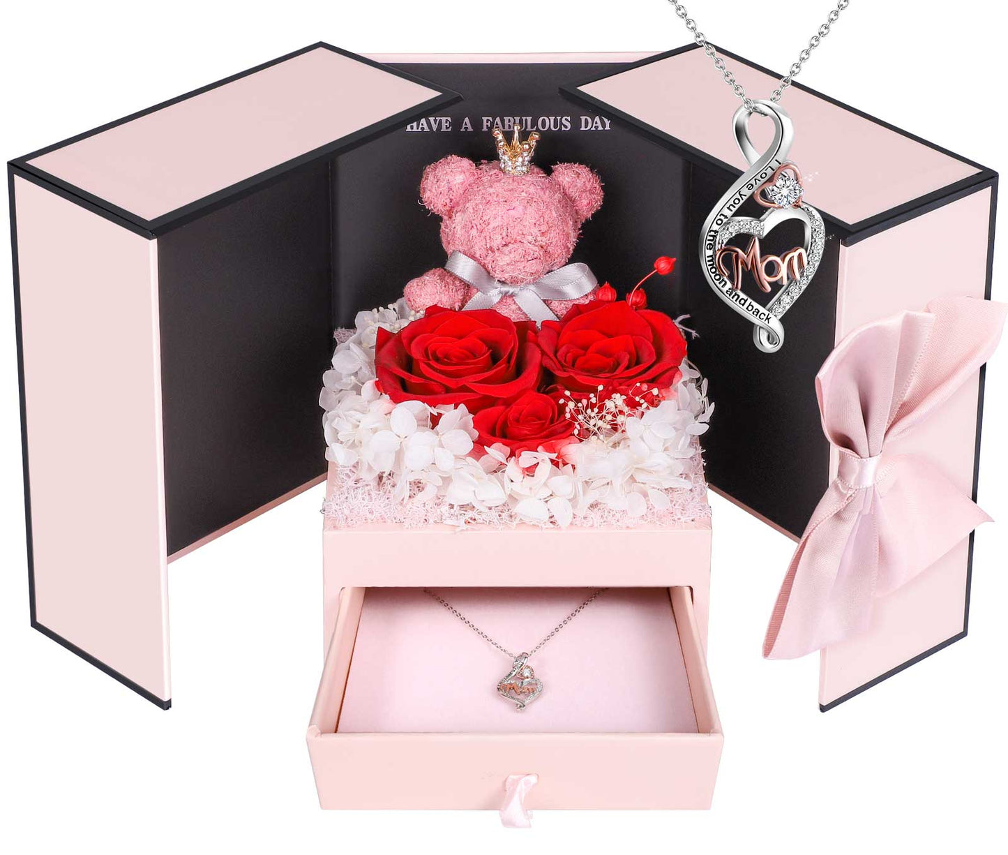 ADDWel Red  Preserved Flower Gift Box with Heart-Shaped ‘Mom’ Silver Necklace &amp; Adorable Bear - Top-Ranked Mother’s Day Gift