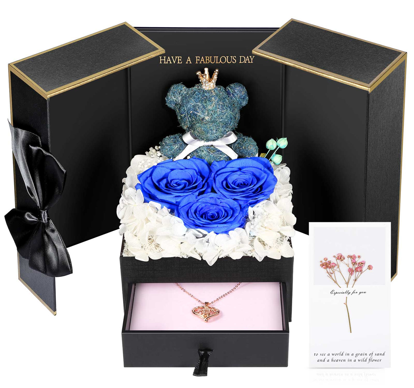 ADDWel Blue Preserved Flower Gift Box with ‘Mom’ Necklace & 100 Languages I Love You Stone - Eternal Roses for Mother’s Day & Special Occasions