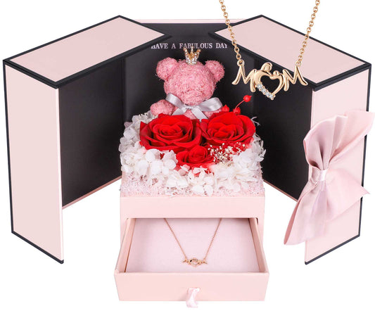 ADDWel Regalos para mamá de hija e hijo - Regalos de cumpleaños para mamá Conjuntos de regalo únicos de rosas reales preservadas para siempre con collar con letras para mamá y osito de peluche de musgo eterno Lindos regalos de niños a mamá 