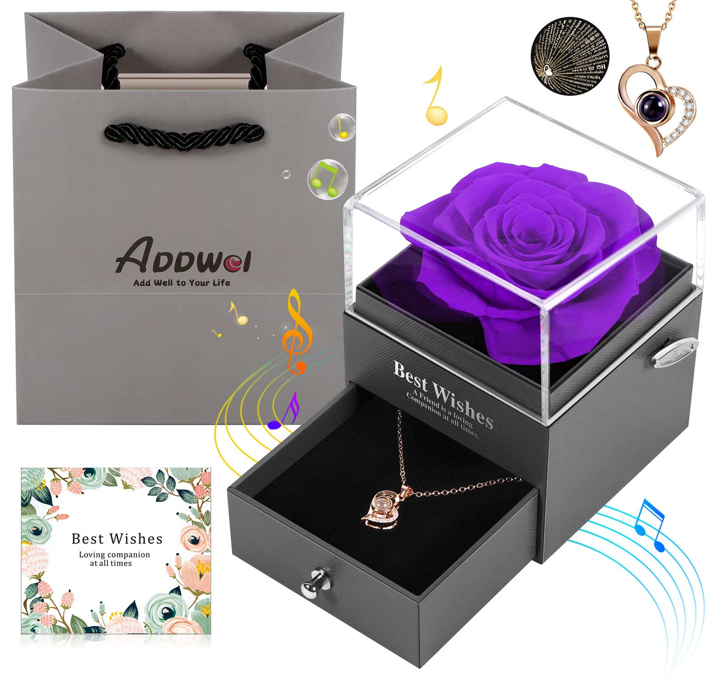 ADDWel Gifts for Girlfriend Romantic - Birthday Gifts for Mom Sister Wife Women Preserved Rose Music Box You are My Sunshine and I Love You 100 Languages Necklace Unique Anniversary Presents for Her