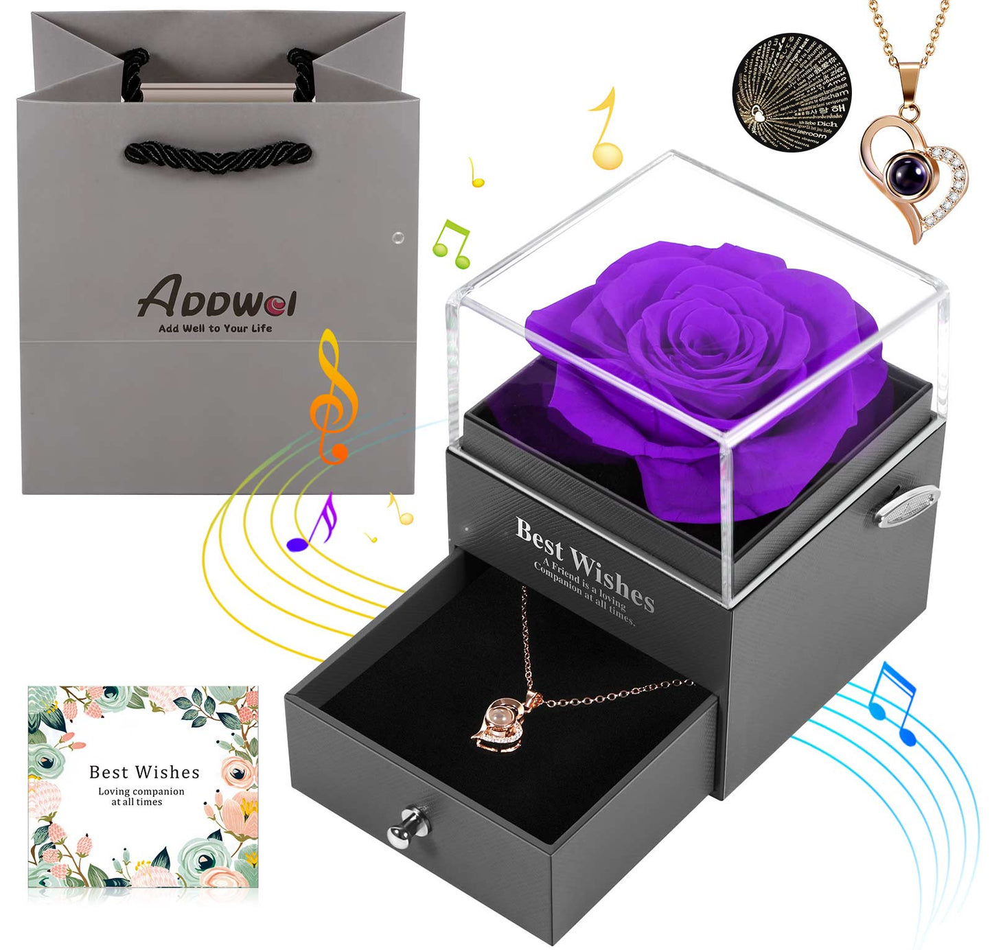 ADDWel Gifts for Girlfriend Romantic - Birthday Gifts for Mom Sister Wife Women Preserved Rose Music Box You are My Sunshine and I Love You 100 Languages Necklace Unique Anniversary Presents for Her