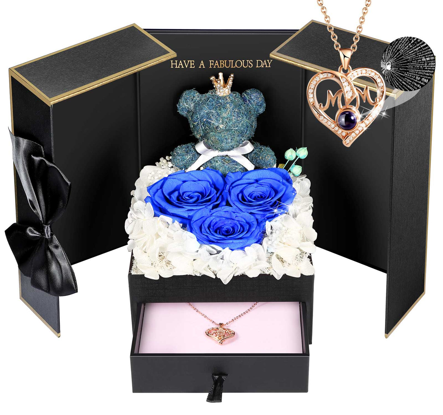 ADDWel Blue Preserved Flower Gift Box with ‘Mom’ Necklace & 100 Languages I Love You Stone - Eternal Roses for Mother’s Day & Special Occasions