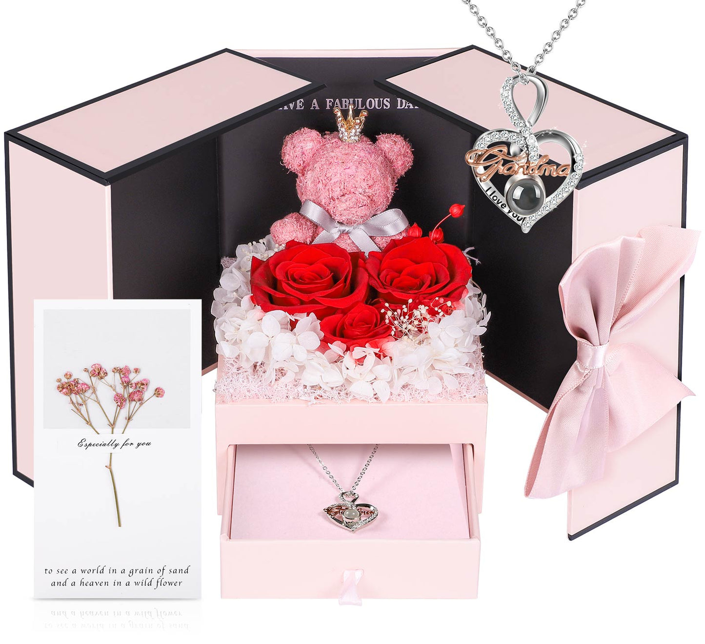 ADDWel Preserved Rose Gift Box with 'Grandma' Sterling Silver Necklace & Bear - 100 Languages 'I Love You' Stone– Perfect for Mother's Day, Birthday Gifts