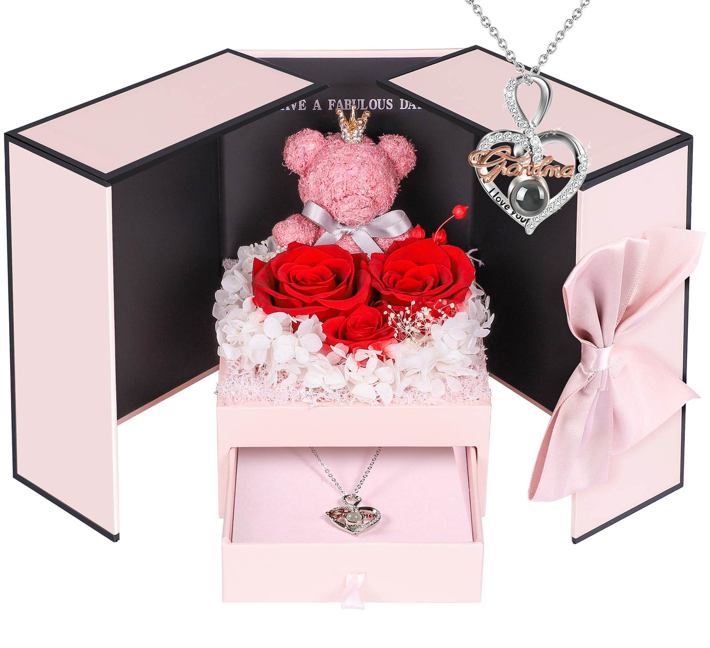 ADDWel Preserved Rose Gift Box with 'Grandma' Sterling Silver Necklace & Bear - 100 Languages 'I Love You' Stone– Perfect for Mother's Day, Birthday Gifts