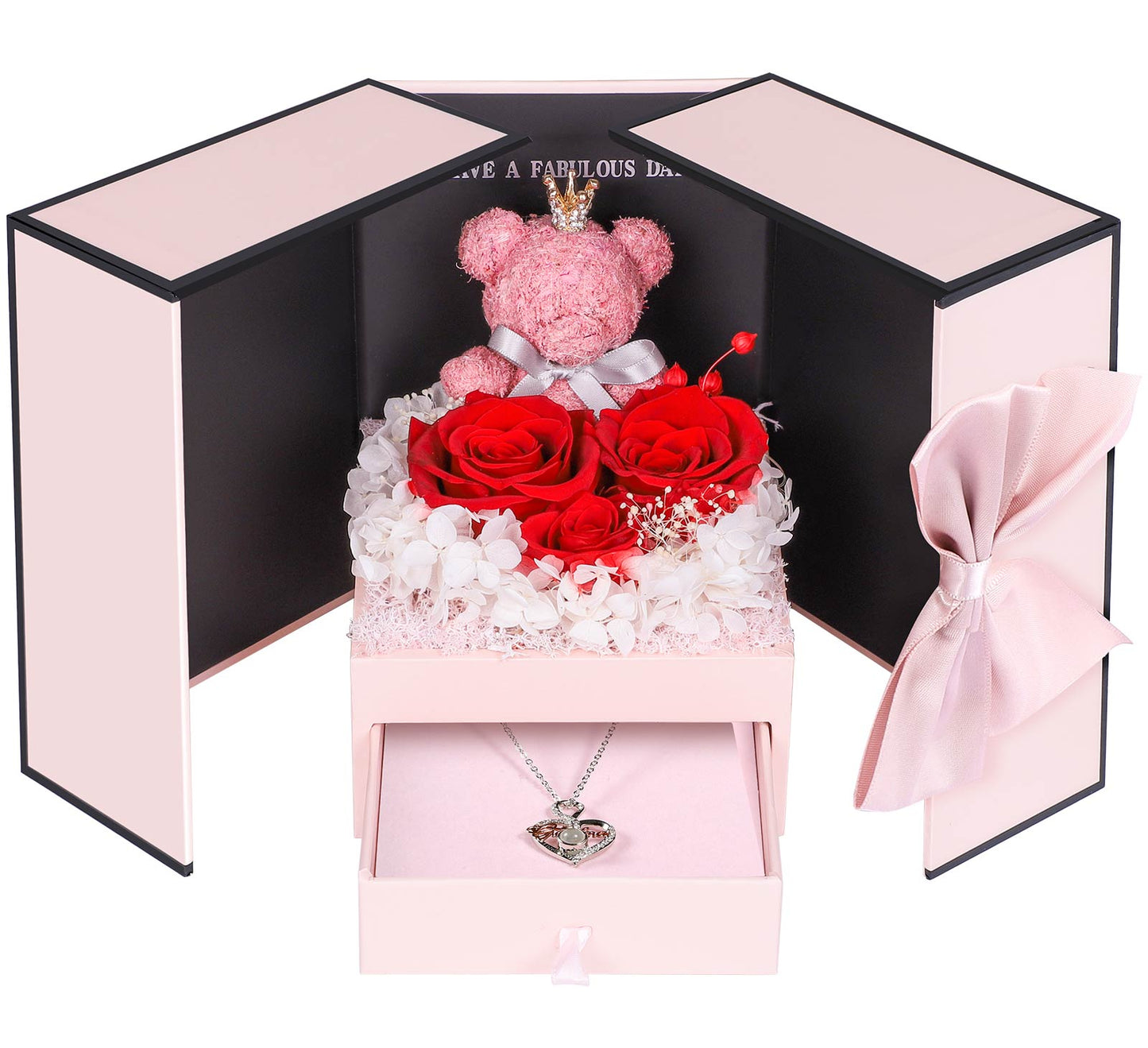 ADDWel Preserved Rose Gift Box with 'Grandma' Sterling Silver Necklace & Bear - 100 Languages 'I Love You' Stone– Perfect for Mother's Day, Birthday Gifts