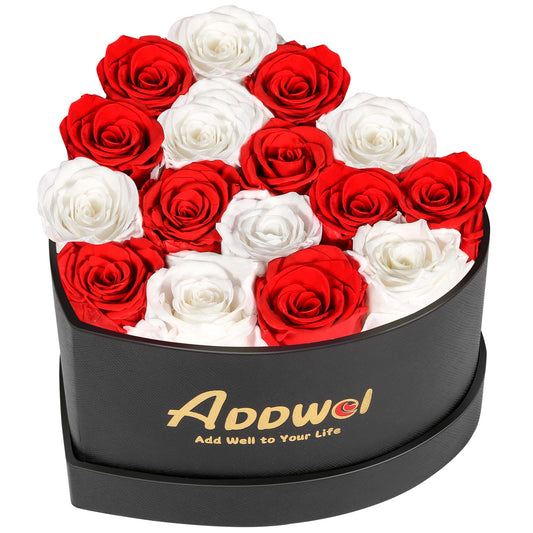 ADDWel Romantic Roses Flower Gift for Women Birthday Anniversary, Eternal Fresh Roses Bouquet with Natural Fragrance, 16-Pieces Preserved Real Roses in Heart-Shape Box for Wife Girlfriend Mom Grandma