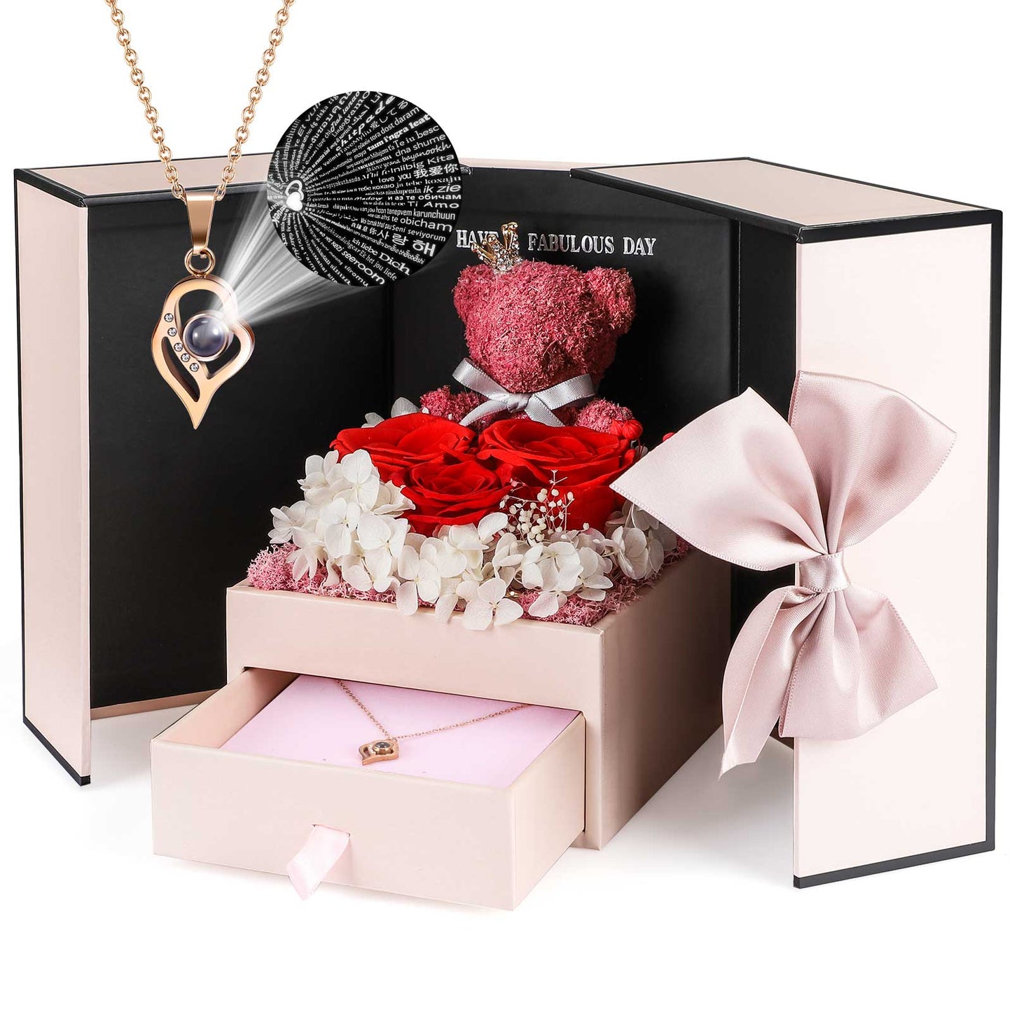 ADDWel Regalos de rosa para mujer, cumpleaños únicos, rosa real preservada para siempre con collar I Love You, 100 idiomas, regalo de flores de rosa eterna para mamá, novia, esposa, hermana en cumpleaños o aniversario 