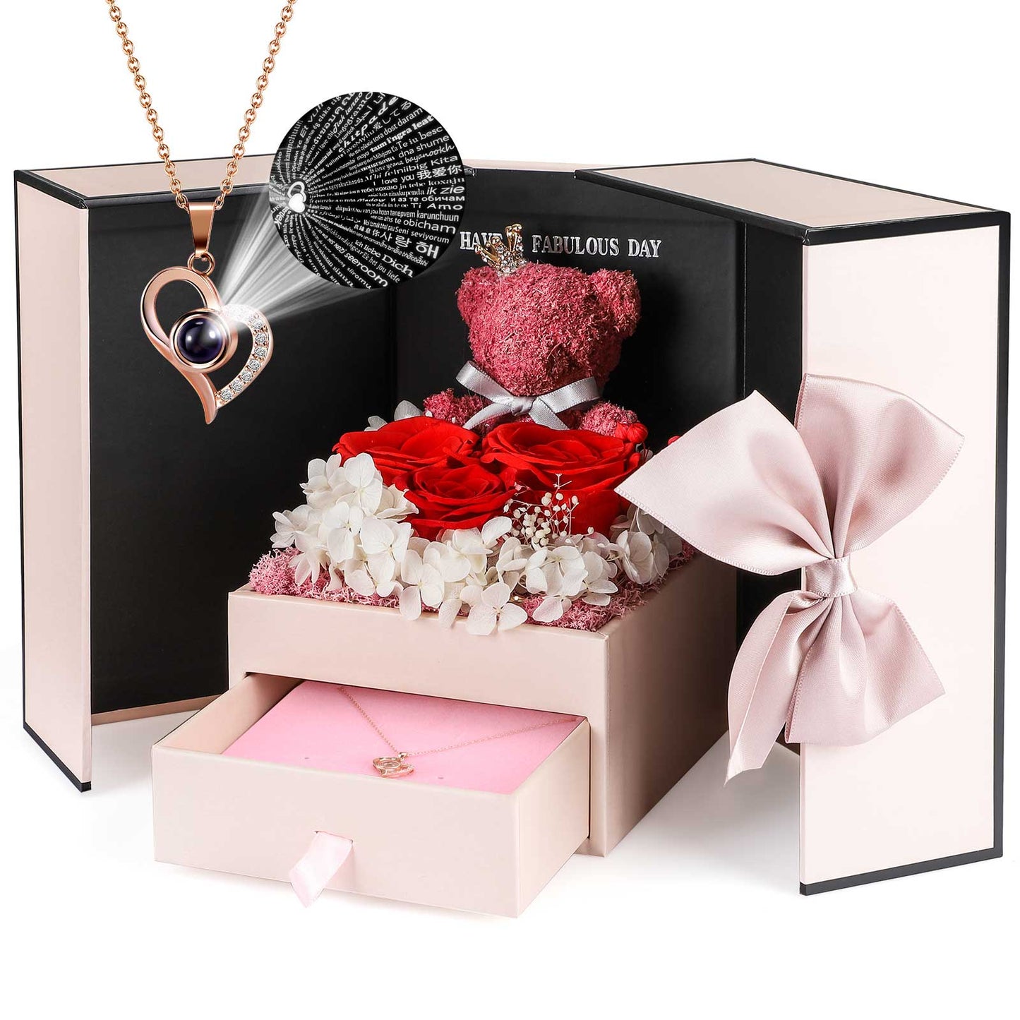 ADDWel Regalos de rosas para cumpleaños de mujeres – Rosas conservadas únicas flores para siempre con te amo en 100 idiomas collar regalos para novia, esposa, mamá, abuela en cumpleaños, aniversarios, día de la madre 