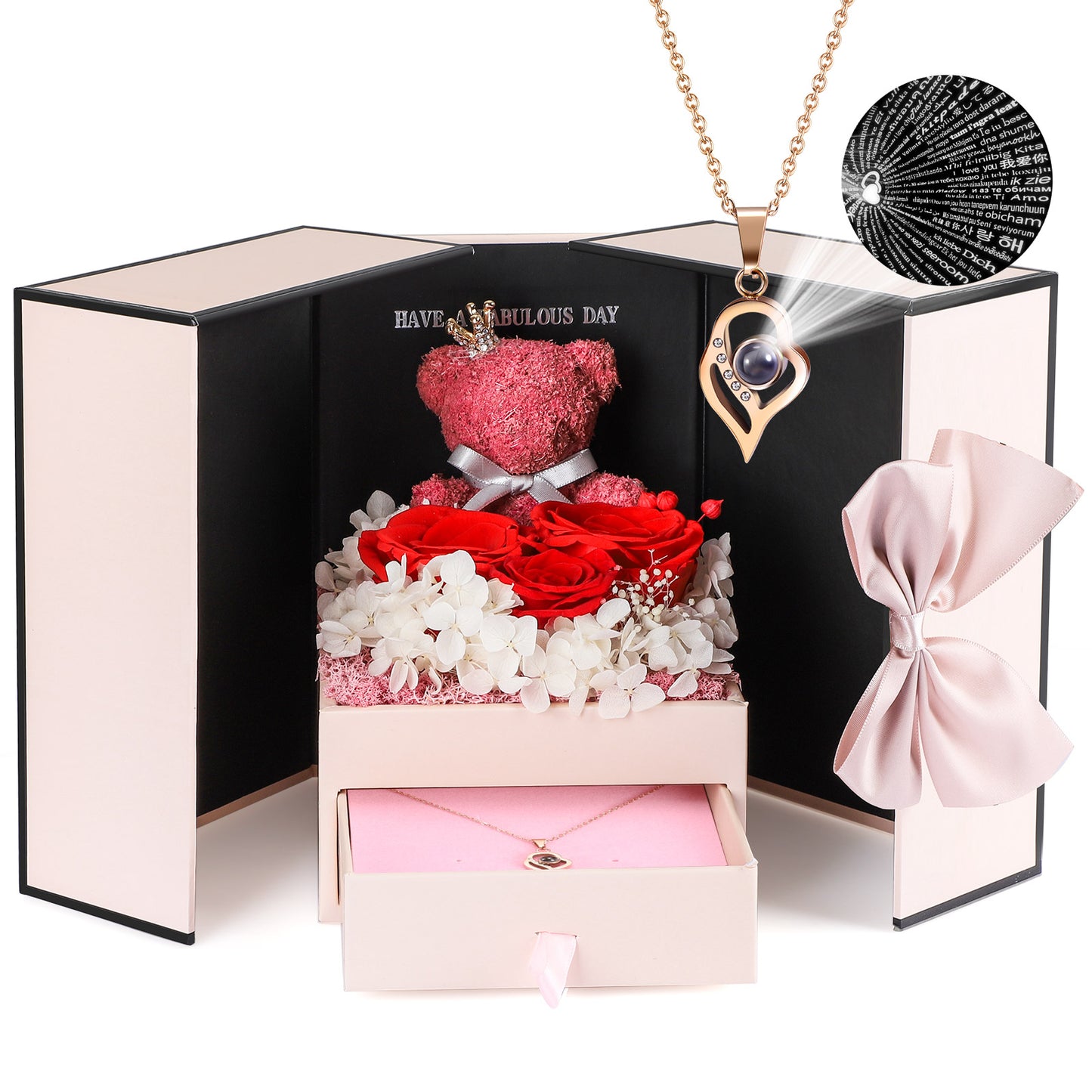 ADDWel Regalos de rosa para mujer, cumpleaños únicos, rosa real preservada para siempre con collar I Love You, 100 idiomas, regalo de flores de rosa eterna para mamá, novia, esposa, hermana en cumpleaños o aniversario 