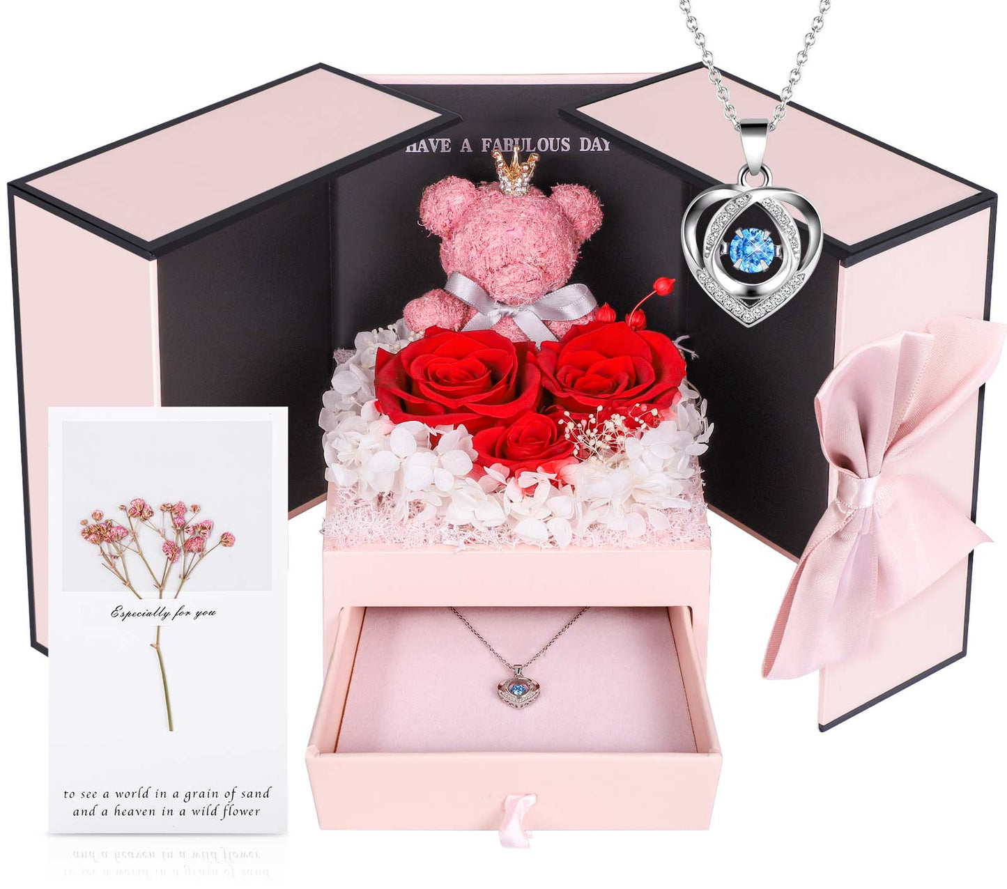 ADDWel Red Preserved Flower Gift Box with Blue Diamond Silver Necklace - Eternal Roses for Anniversary & Special Occasions