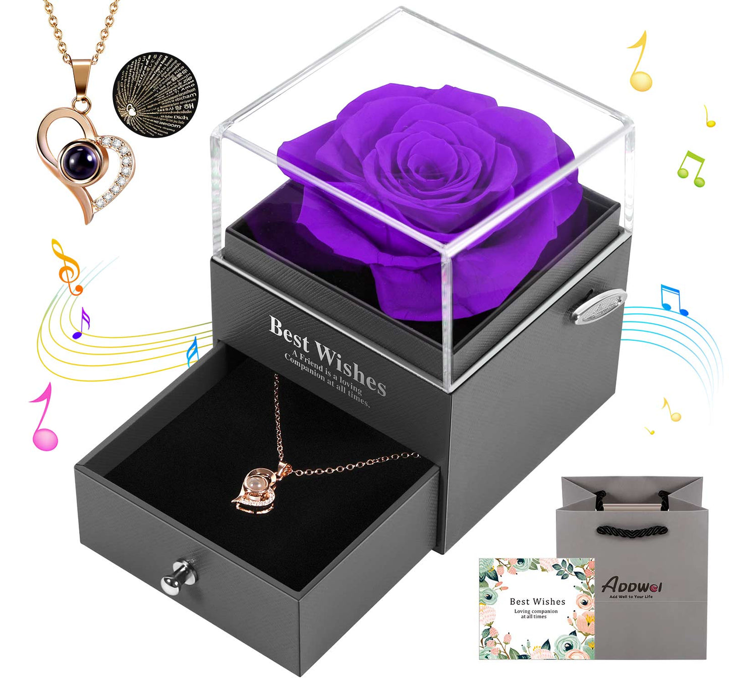 ADDWel Regalos para Novia Románticos - Regalos de Cumpleaños para Mamá Hermana Esposa Mujer Caja de Música de Rosa Preservada Eres Mi Sol y Te Amo Collar de 100 Idiomas Regalos Únicos de Aniversario para Ella 