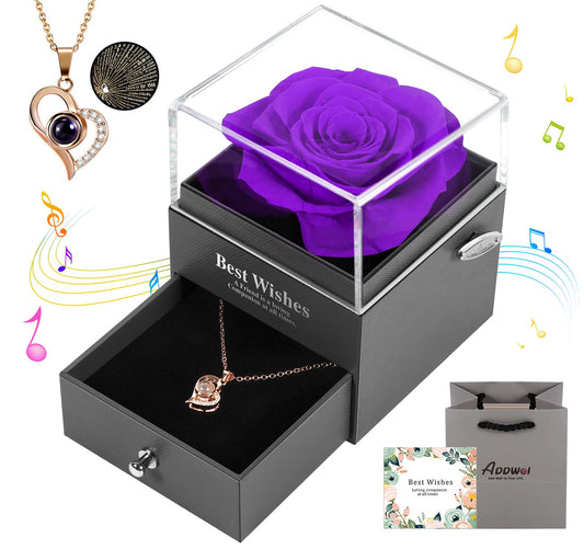 ADDWel Gifts for Girlfriend Romantic - Birthday Gifts for Mom Sister Wife Women Preserved Rose Music Box You are My Sunshine and I Love You 100 Languages Necklace Unique Anniversary Presents for Her