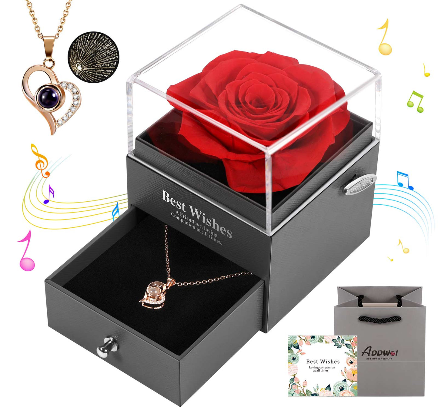 Real Preserved Rose Gifts for Women - Eternal Rose Box with Necklace for Mom, Girlfriend, Wife, Forever Red Rose Music Box and I Love You 100 Languages Necklace Gifts for Her Birthday or Anniversary