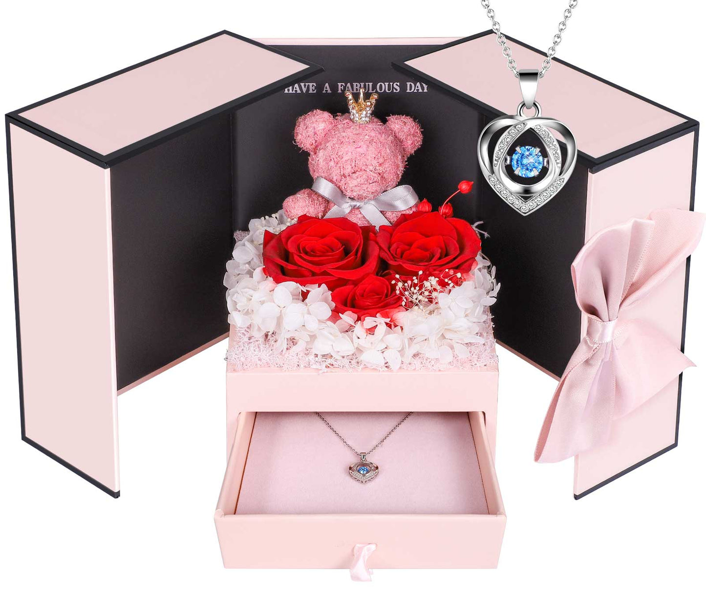 ADDWel Red Preserved Flower Gift Box with Blue Diamond Silver Necklace - Eternal Roses for Anniversary & Special Occasions