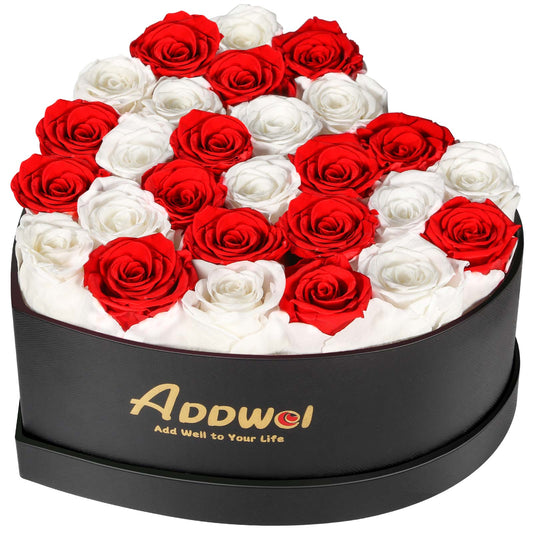 ADDWel Regalo romántico de flores de rosas para mujer, cumpleaños, aniversario, ramo de rosas frescas eternas con fragancia natural, 27 piezas de rosas reales conservadas en caja en forma de corazón para esposa, novia, mamá, abuela