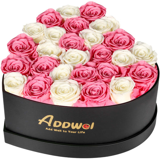 ADDWel Regalo romántico de flores de rosas para mujer, cumpleaños, aniversario, ramo de rosas frescas eternas con fragancia natural, 27 piezas de rosas reales conservadas en caja en forma de corazón para esposa, novia, mamá, abuela 