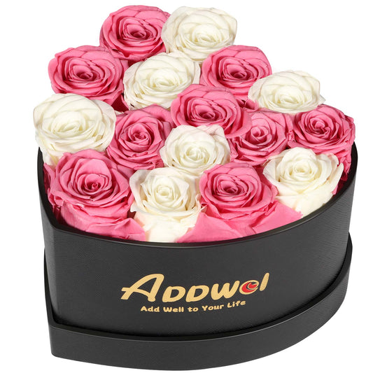 ADDWel Regalo romántico de flores de rosas para mujer, aniversario de cumpleaños, ramo de rosas frescas eternas con fragancia natural, 16 piezas de rosas reales conservadas en caja en forma de corazón para esposa, novia, mamá, abuela 