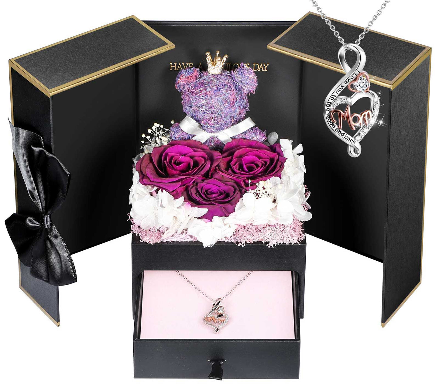 ADDWel Regalos para mamá de hija e hijo, idea de regalo de cumpleaños para mamá de niños, rosas reales conservadas únicas con collar de plata de ley para mamá, regalo genial para madre mamá 