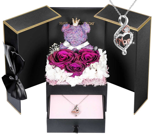 ADDWel Purple  Preserved Flower Gift Box with Heart-Shaped ‘Mom’ Silver Necklace &amp; Adorable Bear - Top-Ranked Mother’s Day Gift