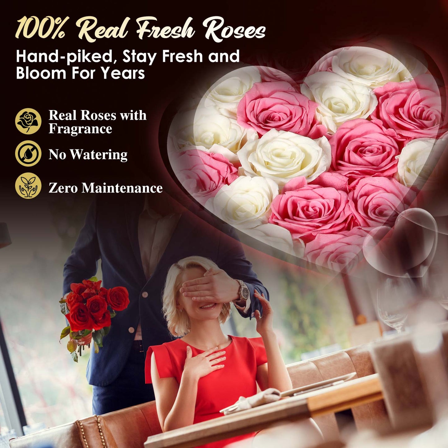 ADDWel Regalo romántico de flores de rosas para mujer, cumpleaños, aniversario, ramo de rosas frescas eternas con fragancia natural, 27 piezas de rosas reales conservadas en caja en forma de corazón para esposa, novia, mamá, abuela 