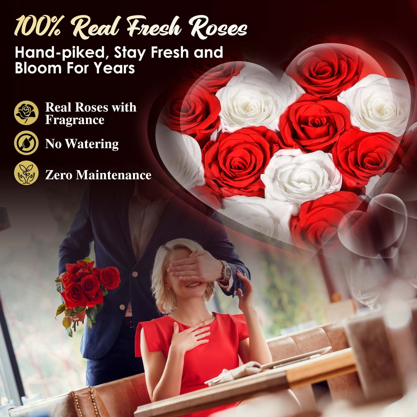 ADDWel Regalo romántico de flores de rosas para mujer, aniversario de cumpleaños, ramo de rosas frescas eternas con fragancia natural, 16 piezas de rosas reales conservadas en caja en forma de corazón para esposa, novia, mamá, abuela 