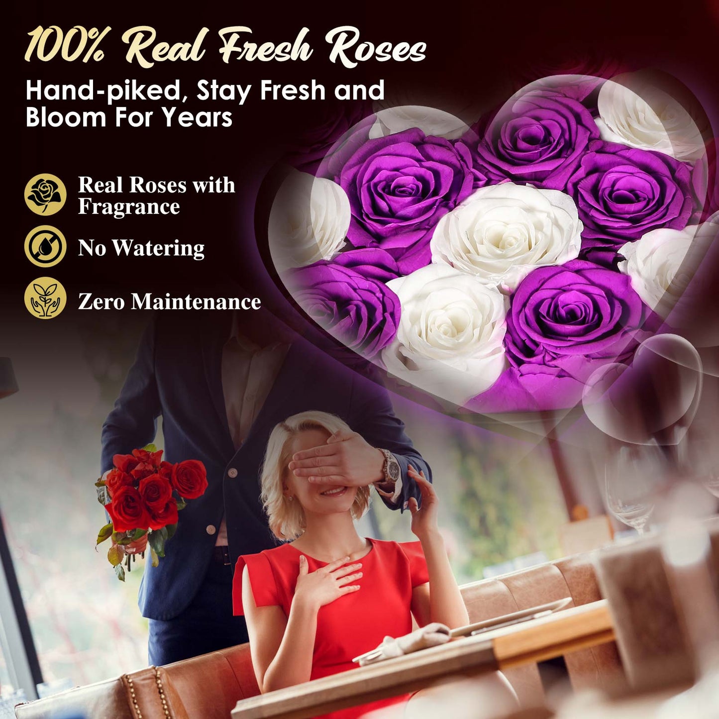 ADDWel Regalo romántico de flores de rosas para mujer, aniversario de cumpleaños, ramo de rosas frescas eternas con fragancia natural, 16 piezas de rosas reales conservadas en caja en forma de corazón para esposa, novia, mamá, abuela 