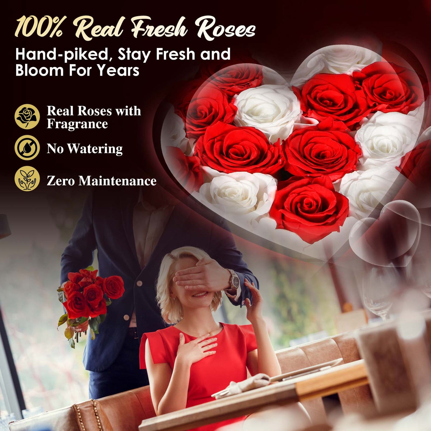 ADDWel Regalo romántico de flores de rosas para mujer, cumpleaños, aniversario, ramo de rosas frescas eternas con fragancia natural, 27 piezas de rosas reales conservadas en caja en forma de corazón para esposa, novia, mamá, abuela