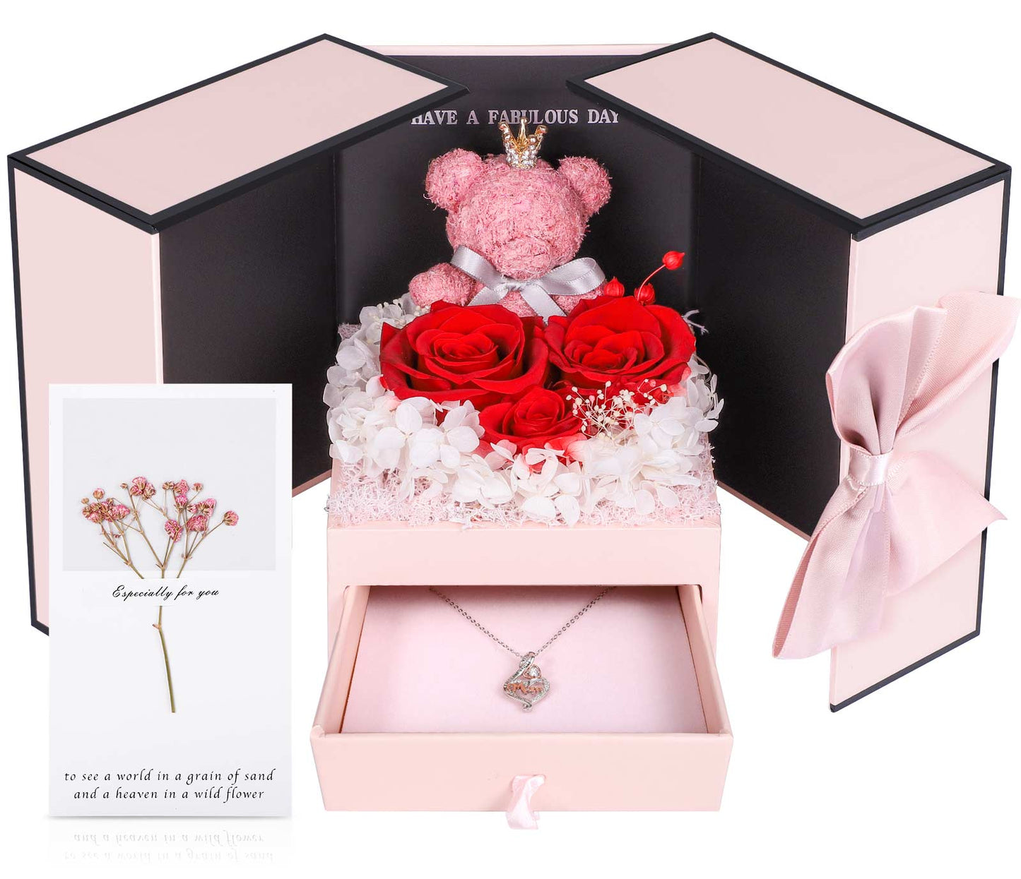 ADDWel Red  Preserved Flower Gift Box with Heart-Shaped ‘Mom’ Silver Necklace &amp; Adorable Bear - Top-Ranked Mother’s Day Gift