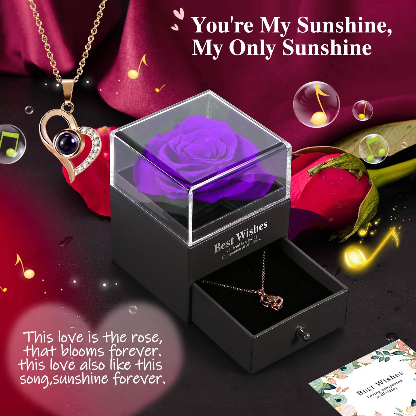 ADDWel Gifts for Girlfriend Romantic - Birthday Gifts for Mom Sister Wife Women Preserved Rose Music Box You are My Sunshine and I Love You 100 Languages Necklace Unique Anniversary Presents for Her