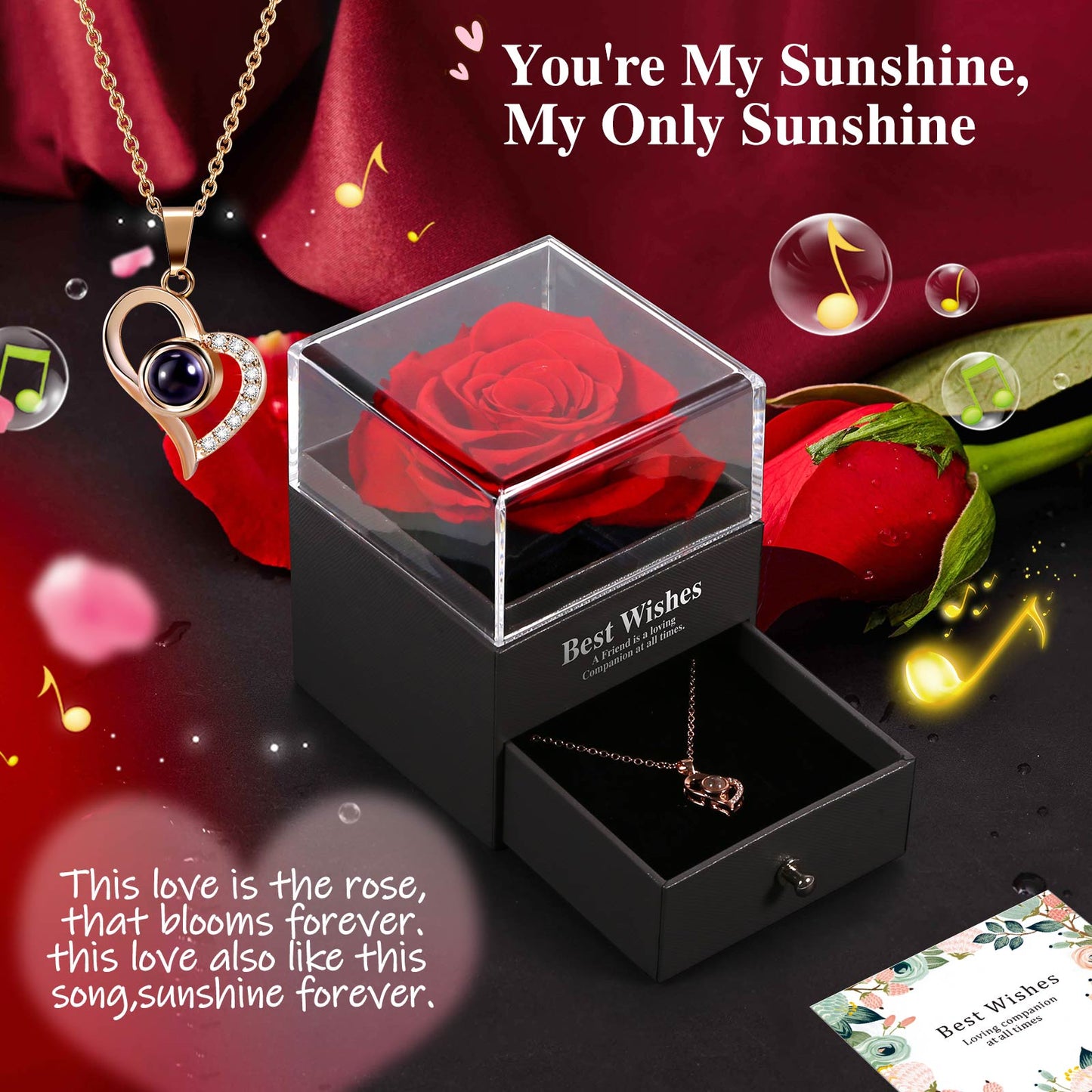 Real Preserved Rose Gifts for Women - Eternal Rose Box with Necklace for Mom, Girlfriend, Wife, Forever Red Rose Music Box and I Love You 100 Languages Necklace Gifts for Her Birthday or Anniversary