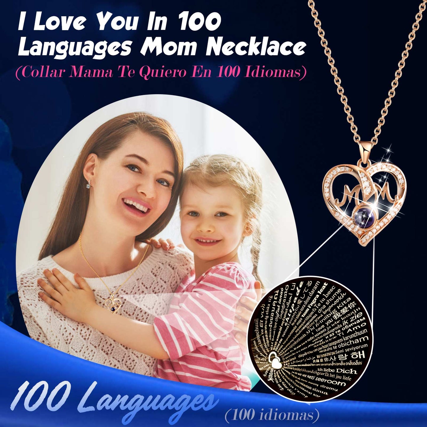 ADDWel Blue Preserved Flower Gift Box with ‘Mom’ Necklace & 100 Languages I Love You Stone - Eternal Roses for Mother’s Day & Special Occasions