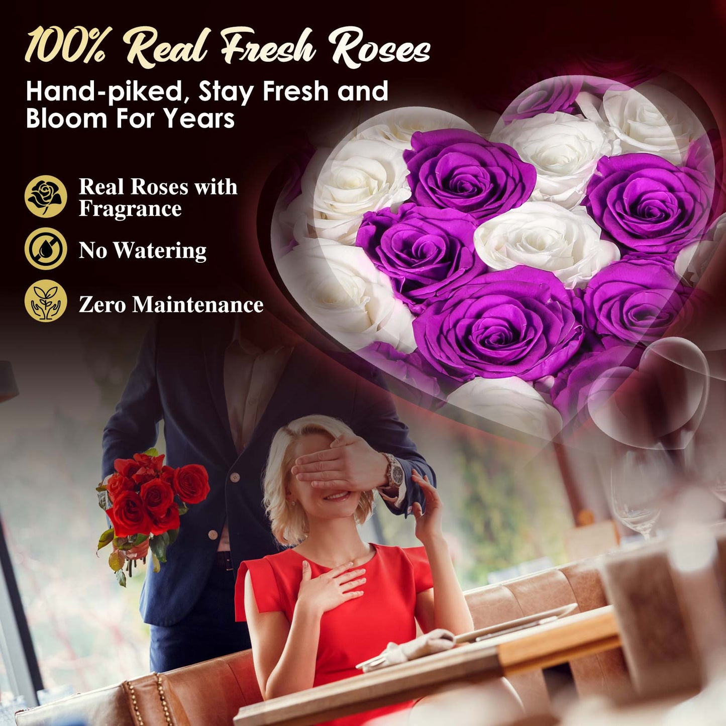 ADDWel Regalo romántico de flores de rosas para mujer, cumpleaños, aniversario, ramo de rosas frescas eternas con fragancia natural, 27 piezas de rosas reales conservadas en caja en forma de corazón para esposa, novia, mamá, abuela 