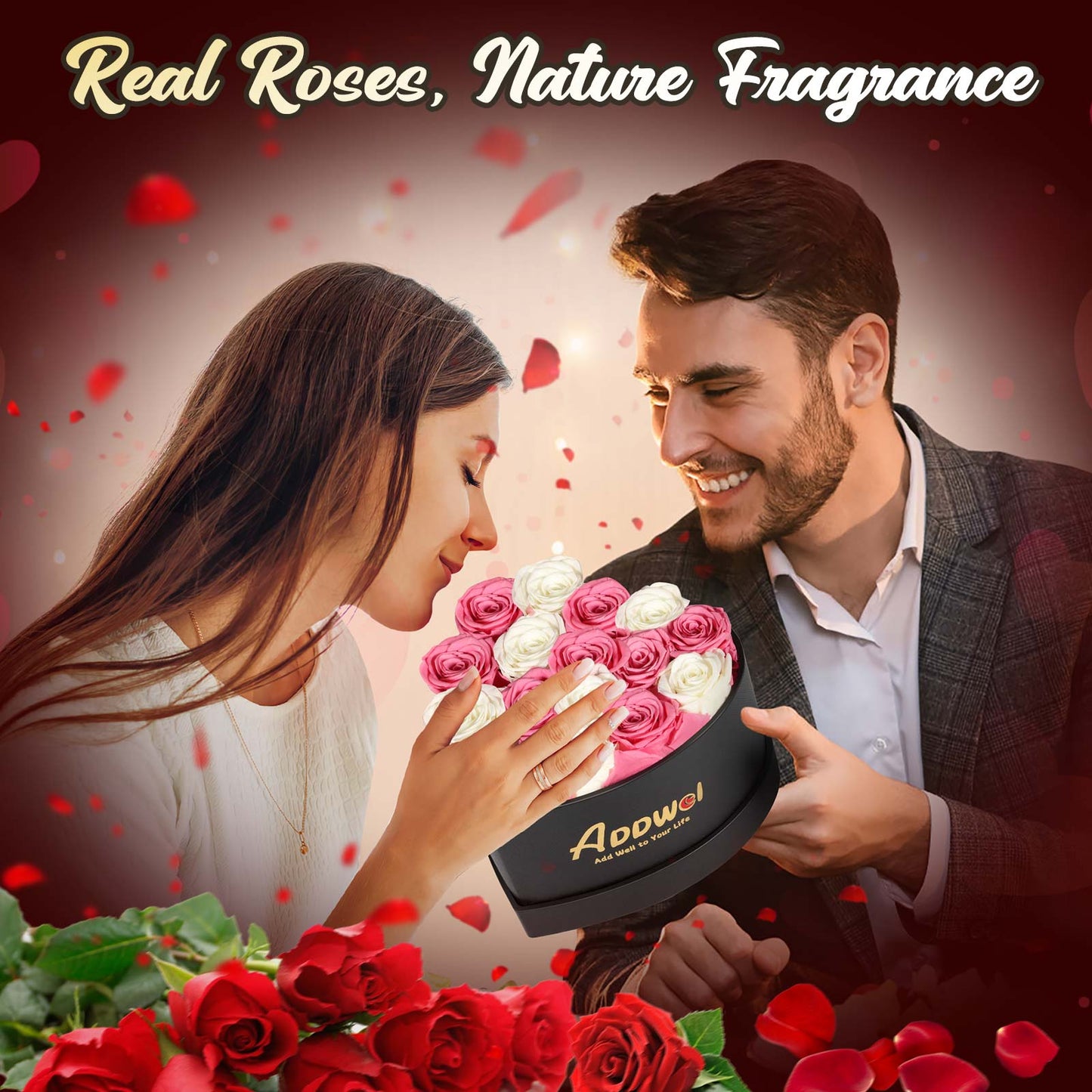 ADDWel Regalo romántico de flores de rosas para mujer, aniversario de cumpleaños, ramo de rosas frescas eternas con fragancia natural, 16 piezas de rosas reales conservadas en caja en forma de corazón para esposa, novia, mamá, abuela 