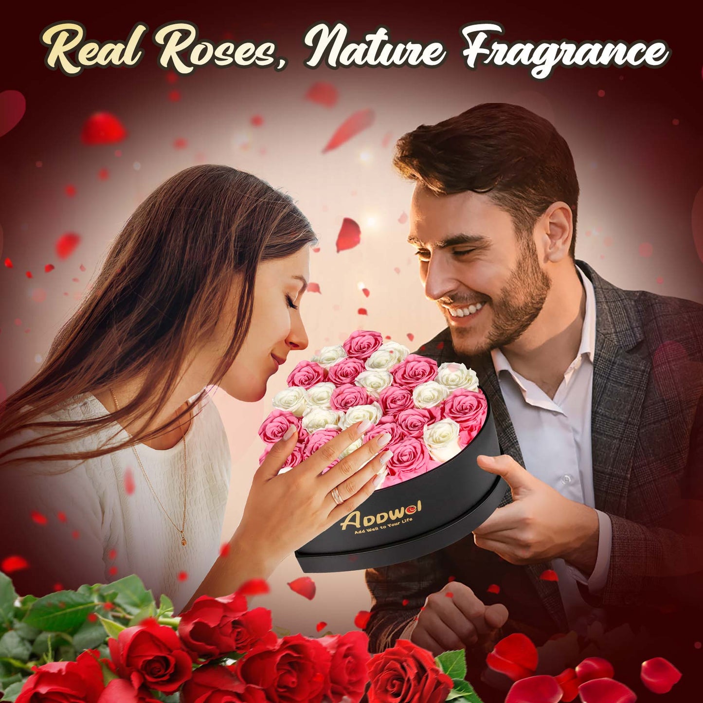 ADDWel Regalo romántico de flores de rosas para mujer, cumpleaños, aniversario, ramo de rosas frescas eternas con fragancia natural, 27 piezas de rosas reales conservadas en caja en forma de corazón para esposa, novia, mamá, abuela 