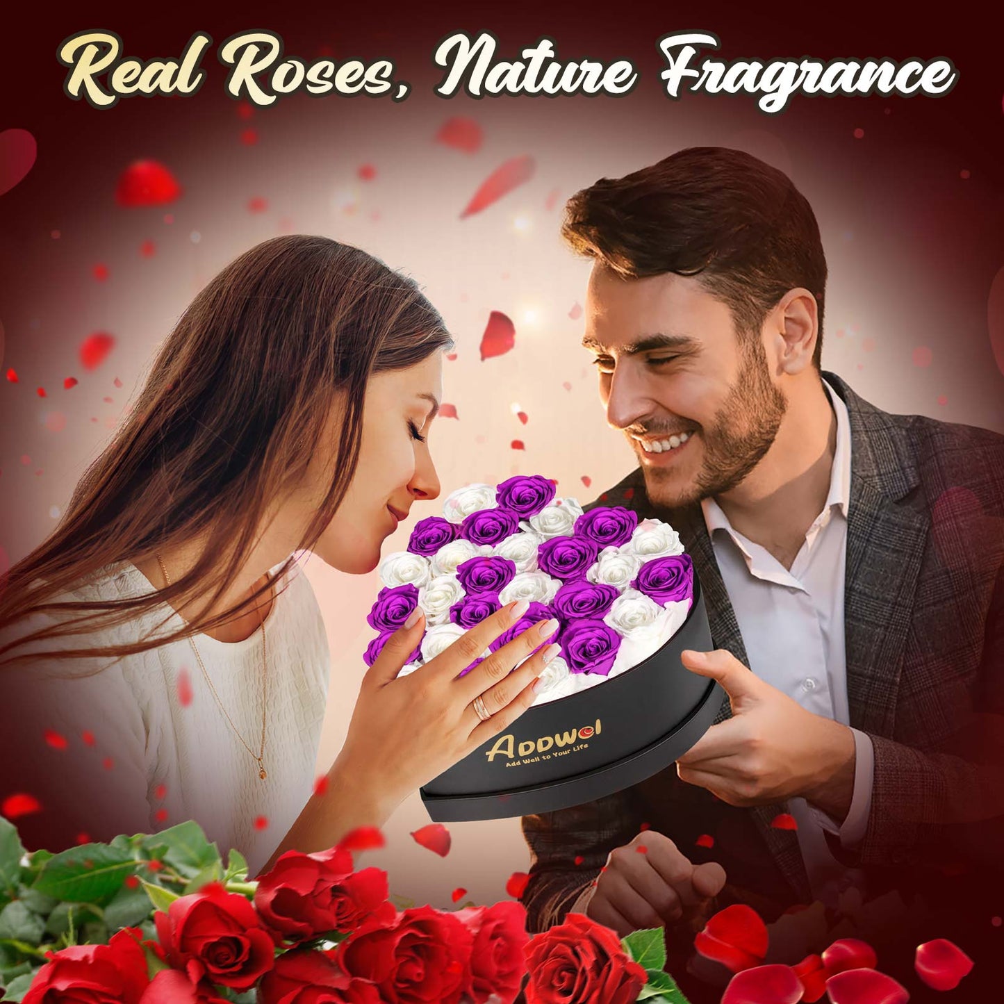 ADDWel Regalo romántico de flores de rosas para mujer, cumpleaños, aniversario, ramo de rosas frescas eternas con fragancia natural, 27 piezas de rosas reales conservadas en caja en forma de corazón para esposa, novia, mamá, abuela 